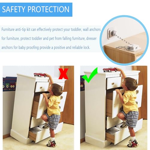 YEYA No Drill Anti-Tip Furniture Anchor, 10" Adjustable, 2 Pack | Upgraded, Strong 3M Adhesive Backing, Wall Anchors for Child Safety, White - size: 2 Count