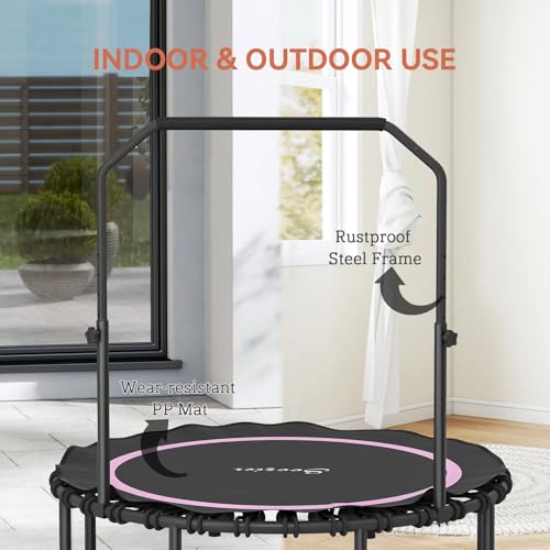 40/48 Inch Foldable Fitness Trampoline – Adjustable Foam Handle, Quiet Stable Rebounder for Home Gym, Kids & Adults – Indoor/Outdoor Exercise Equipment - color: Pink