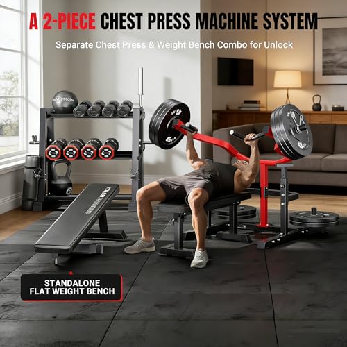 YOLEO Chest Press Machine, 1100LBS Bench Press Machine with Separate Press Station & Adjustable Weight Bench, Independent Converging Arms - color: Red-Black
