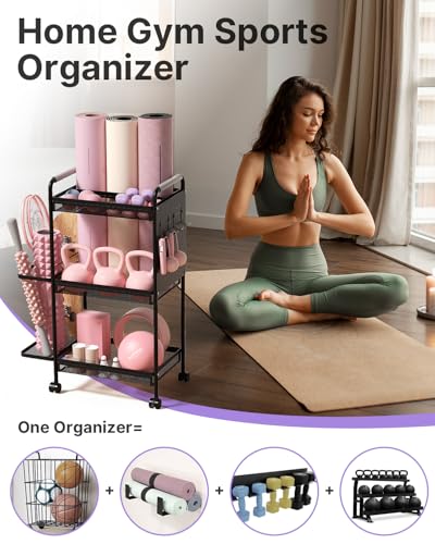 YOTTOY 3-Tier Gym Storage Rack for Home Gym–Multi-Functional Weight Rack, Dumbbell Rack, Yoga Mat Holder with Side Basket & 6 Hooks, Gym Equipment Organizer