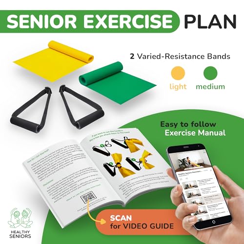 Chair Exercise Program with Two Resistance Bands, Handles and Printed Exercise Guide. Suitable for Rehab or Physical Therapy. Thoughtful Gift for Grandma or Grandpa