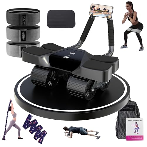 Ab Roller Home Gym Equipment – 4 Wheels Ab Wheel Muscle Roller with Automatic Rebound, Yoga Stretching Strap, 3 Resistance Bands – Comfortable Elbow Support with Non-Slip Handles – Built-in Workout Tracker