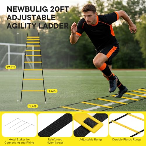 Agility Ladder Speed Training Equipment Set-20ft Ladder,12 Cones, 4 Adjustable Hurdles, Jump Rope, Resistance Parachute| Soccer,Basketball, Football Practice Equipment for Youth, Adults