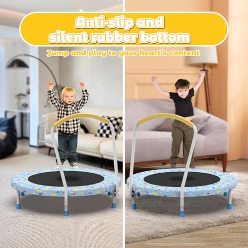 36" Mini Toddler Trampoline with Handles, Indoor Quiet Kids Trampoline with Super Safety Mat and Durable Steel Frame, Indoor/Outdoor - color: Light Blue Print