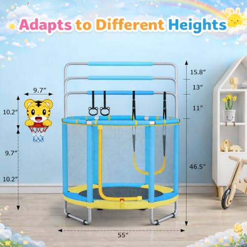 55" Trampoline for Kids with Enclosure, 4-in-1 Toddler Trampoline Indoor Outdoor, 440lbs Capacity Upgrade Trampolines with Adjustable Gymnastics Bar & Toys, for Boys & Girls, Easy to Assemble