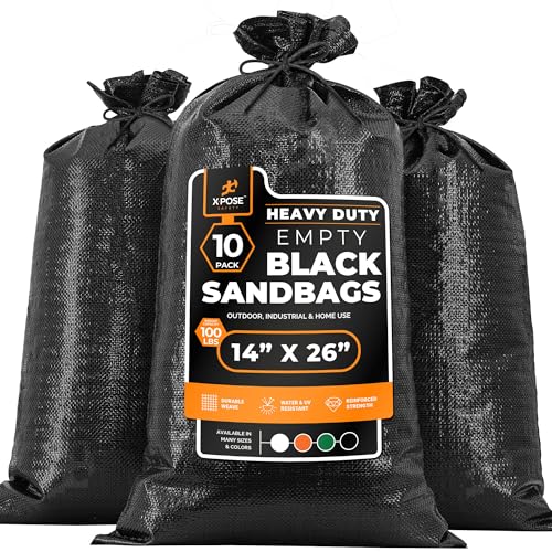 Xpose Safety Heavy Duty Sand Bags with Tie Strings – Empty Woven Polypropylene Sandbags for Hurricane Flood Protection, 100 lb Capacity, 14" x 26", Black, Pack of 10 - color: Black, size: 10 Sandbags