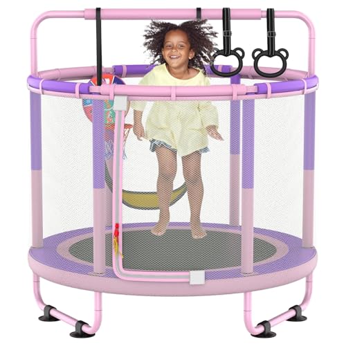 LANGXUN 60" Trampoline for Kids, 5ft Toddler Mini 6-in-1 Trampoline Indoor Outdoor with Swing, Basketball Hoop, Dart Board, Rings, Christmas Toys Birthday Gifts for Girls Boys - color: Pink&Purple 6-in-1