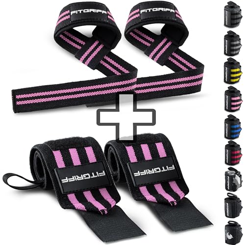 Fitgriff® Lifting Straps & Wrist Wraps (Bundle) Superior Support for Weightlifting & Gym Workouts - for Men and Women - color: Black/Pink