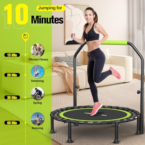 Foldable Mini Trampoline, 40"/48" Rebounder Trampoline for Adults & Kids, 450lbs Capacity with U-Shaped Adjustable Bar, Indoor Fitness Workout Exercise Equipment