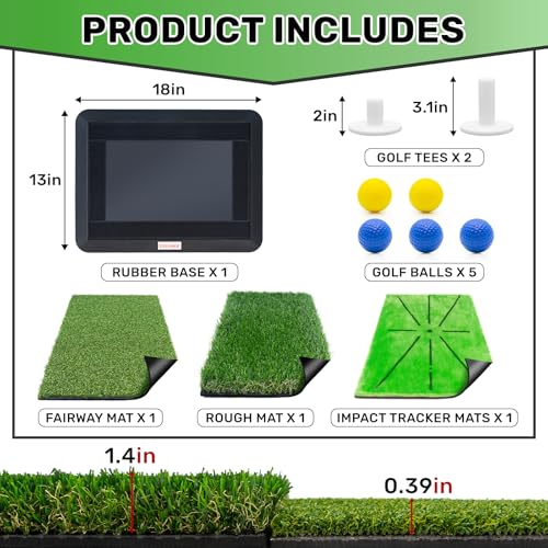 Golf Hitting Mats Training Equipment, Golf Practice Mat with Instant Swing Path Feedback, 3 Replaceable Golf Training Mats with No-Slip Heavy Duty Rubber Base