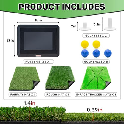 Golf Hitting Mats Training Equipment, Golf Practice Mat with Instant Swing Path Feedback, 3 Replaceable Golf Training Mats with No-Slip Heavy Duty Rubber Base