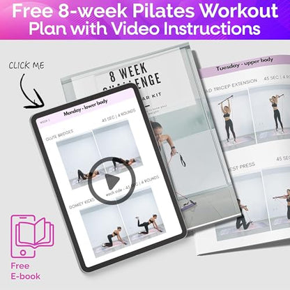 Portable Pilates Bar Kit with Resistance Bands (20, 30, 40, 50 LB) - Guided 8-Week Pilates Bar Kit Plan - Premium Quality Home Equipment 3-Section Pilates Bar with Resistance Bands Full-Body Toning