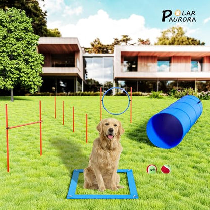 Dog Agility Equipment, Dog Obstacle Courses Backyard - Pet Outdoor Games w/Adjustable High Jump, Agility Weave Poles, Tunnel, Jumping Ring, Pause Box, 2 Balls,Whistle and Carrying Bag - size: 5 PCS Basic with tunnel