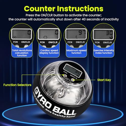 Torque Ball Hand Exerciser, Grip Strength Trainer, Forearm Strengthener, Hand Strengthening Devices,Wrist Power Gyro Ball,Wrist Strengthener, Finger Exerciser with Auto-Start LED Lights and Digital Display - color: Black