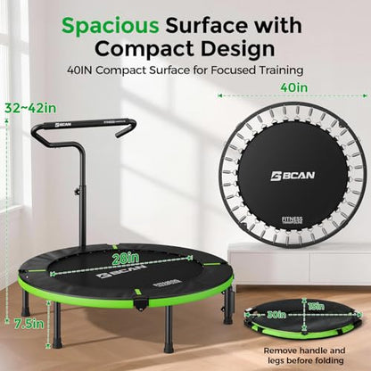 BCAN SP3 40"/48" Foldable Mini Trampoline, Rebounder Trampoline for Adults, U/T Adjustable Foam Handle, Exercise Rebounder for Adults Indoor/Garden Workout, Max Load 330lbs/440lbs-40T-Green