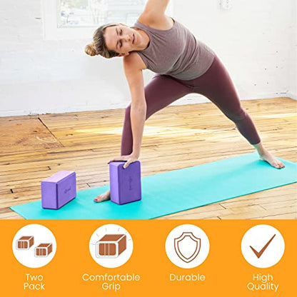 Sol Living Yoga Blocks 2 Pack High Density EVA Foam Yoga Cushion Stretching Pilates Meditation Exercise Equipment Support Deepen Poses Odor Free Non Slip Yoga Accessories - 4" x 6" x 9"- Purple - color: Purple