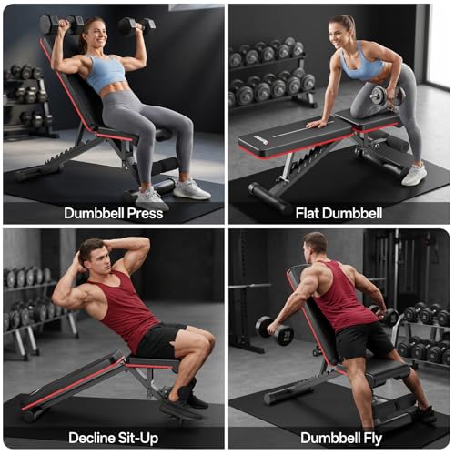 PASYOU Adjustable Weight Bench, 660LB Capacity Foldable Workout Bench, Incline Flat Bench Press for Home Gym, Dual-Frame Strength Training Bench, No Assembly Required, Wider Seat