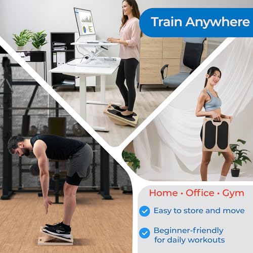 3-in-1 Slant Board for Calf Stretching, 180°/360° Adjustable Balance Board & Wobble Board with Training Poster, Squat Wedge, 5 Angle Wooden Incline Board, Physical Therapy, Home Gym Fitness