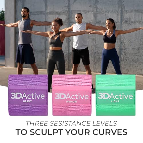 3DActive Fabric Resistance Bands for Legs & Butt. Wide Non-Slip Hip Band Set for Home & Gym Workouts. Exercise Guide & Carry Bag Included.