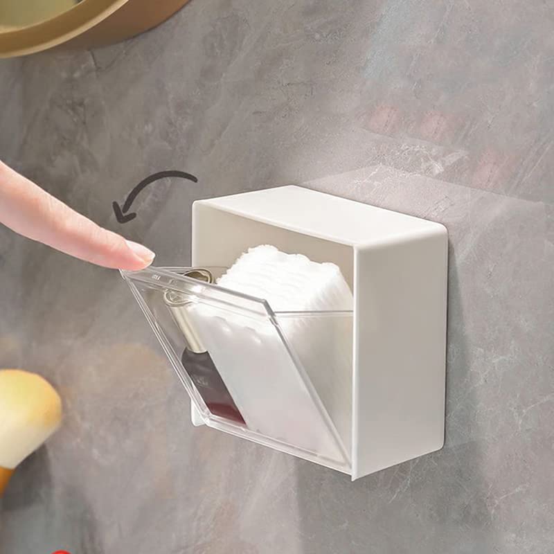 Wall Mount Storage Box Cotton Pads Holder Dispenser Clear Acrylic Organizer Box No Drill Adhesive for Bathroom Kitchen for Powder Puff Lipstick Hair String Rubber Band