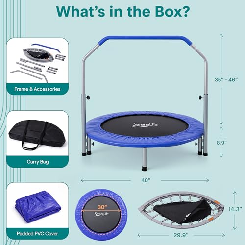 SereneLife 40" Foldable Mini Trampoline for Adults - Compact Fitness Rebounder with Adjustable Foam Handle, Exercise Trampoline with Max Load 330lbs, Indoor/Garden Whole-Body Workout - color: Deep Blue