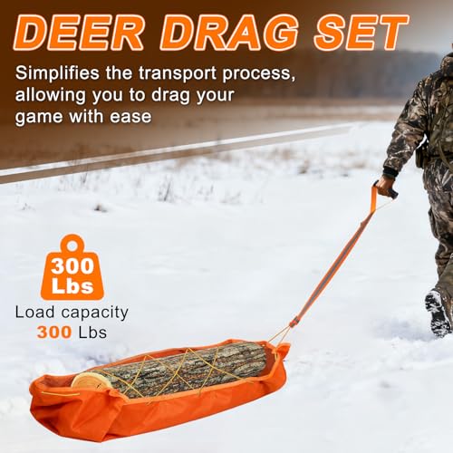Deer Drag Sled, Heavy Duty Tear Resistant Hunting Sled with Deer Drag Harness and Rope, Portable Hunting Accessories for Game Dragging, Hauling Elk, Turkey, Duck, and Ice Fishing Gear