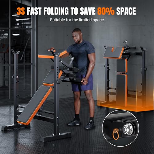 YOLEO 6 in 1 Space Saving Weight Bench Set for Home Gym, Fast Folding & Adjustable Workout Bench, Bench Press Rack/Leg Extension/Preacher Curl/Sit up(1-Step Folding) (Black)