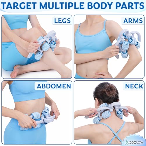 Leg Massage Roller - Adjustable Arm Belly Massager Roller Stick to Reduce Cellulite Appearance - Deep Tissue Myofascial Release Tool - Lymphatic Drainage Massaging Tool - color: Blue/White