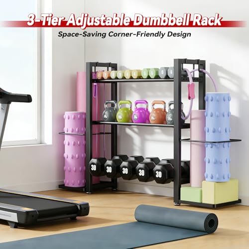 3-Tier Small Adjustable Dumbbell Rack, 450LBS Capacity Home Gym Weight Rack with Yoga Mat Holder & Hooks, Space Saving Workout Equipment Storage Organizer, Tool-free Assembly