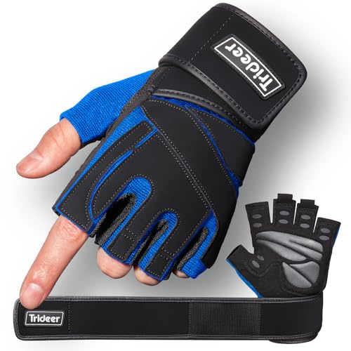 Trideer Workout Gloves for Men, Weight Lifting Gloves with Wrist Wrap Support, Full Palm Protection & Extra Grips for Weightlifting, Exercise, Cross Training, Fitness, Pull-up - color: Blue-Black, size: Large