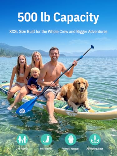 Niphean (Extra Large) Inflatable Paddle Board, SUP for 2+1 People/Family 500lbs Capacity Stand Up Paddle Board with SUP Accessories, StabilTrac Fin Non-Slip Paddleboard for Adults - color: Glass Green