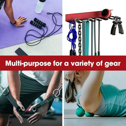 Home Gym Storage Accessory Rack Organizer with 8 Steel Hooks, Multi-Purpose Workout Gear Equipments, Fitness Resistance Bands, Lifting Belts Wall Rack Holder- MK713C