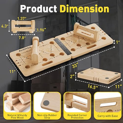 Wooden Push Up Board 30 in 1 Foldable with Resistance Bands - Thickened Pine Wood Multi-Push Up Board for Men & Women, Portable Gym/Home Workout Gear for Chest, Shoulders, Arms & Back