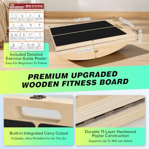 3-in-1 Slant Board & 180°/360° Balance Board, Portable 6 Angle Adjustable Calf Stretcher with Training Poster, Anti-Slip 300LBS Wobble Board for Physical Therapy, Standing Desk & Core Strength