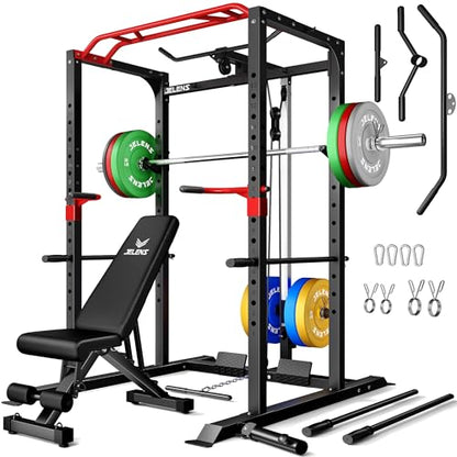 S11 Power Cage, 2000LB Multi-Function Power Rack with LAT Pulldown, Squat Rack with Adjustable Pulley System and Training Attachments, Weight Rack for Home Gym - style: 260LB Colored Weights Package