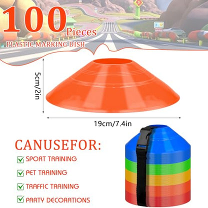100 Pcs Soccer Cones with Strap Agility Disc Cones Soccer Training Cones, Field Marker Sport Training Cones for Challenge Football Basketball Skating Games Outdoor Indoor