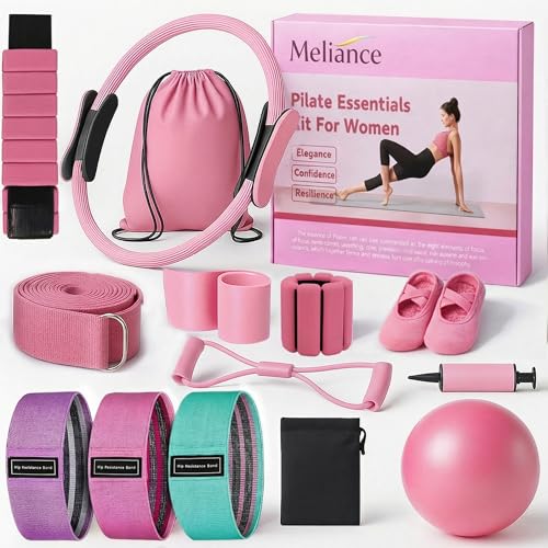 Pilates Workout Kit for Home, Pilates Essential Equipment with Adjustable Ankle Wrist Weights, Resistance Bands, Pilates Ring and Ball Set, Yoga Straps, Grip Socks Fitness Accessories kits for Women