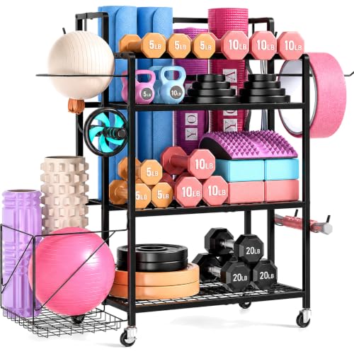 4-Tier Weight Rack for Home Gym with Wheels, Hooks and Dumbbell Storage