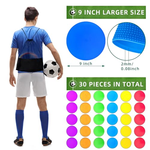Poly Spot Markers 4 inch/9 inch Non-Slip Rubber Agility Training Markers Floor Dots Flat Field Cones for Football, Soccer, Basketball, School Exercise Drills, Dance Practice - style: 9 inch 30 Pcs (TPE)