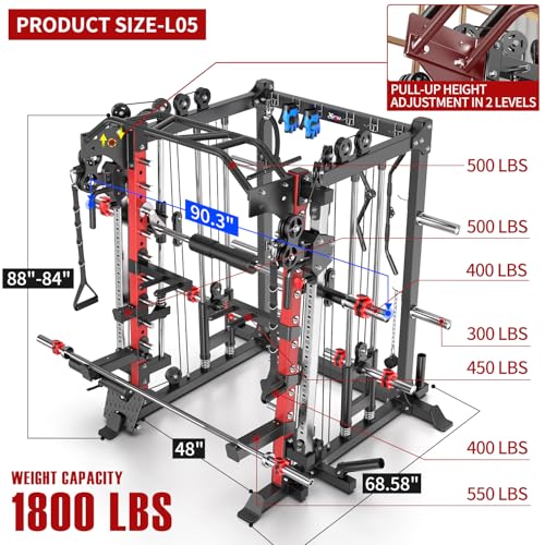 Multi-Purpose Squat Rack,Smith Machine Weight Rack Set with Cable Crossover System, Home Gym Power Racks, Power Racks and Packages - color: L05, size: Power cage Red+bench+(pole+Cast lron)338LBS