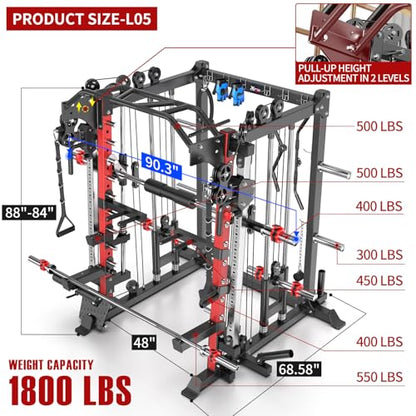 Multi-Purpose Squat Rack,Smith Machine Weight Rack Set with Cable Crossover System, Home Gym Power Racks, Power Racks and Packages - color: L05, size: Power cage Red+bench+(pole+Cast lron)338LBS