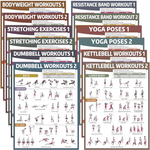 12PCS Workout Posters for Home Gym Dumbbells, Bodyweight, Stretching, Kettlebells, Yoga, Resistance Bands Exercise Chart Muscle Engagement Chart Full Body Workout Poster Set Garage Gym Decor - color: Retro