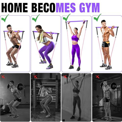 Pilates Bar Kit with Resistance Bands,Pilates Bar with Stackable Bands Workout Equipment for Legs,Hip,Waist and Arm,Exercise Fitness Equipment for Women & Men Home Gym Yoga Pilates - color: Hot Purple