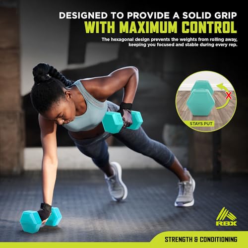 RBX Vinyl Coated Hand Weight Dumbbell Set - Hex Shaped, Roll Free for Body Building/Sculpting/Strength Training Exercise, (Set of 2) - color: Mint, size: 2lb