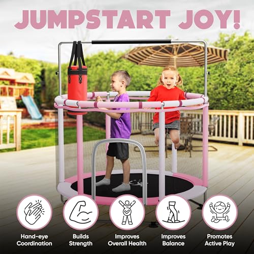 55" Toddler Trampoline for Kids Ages 3–8 – Indoor & Outdoor Kids Trampoline Anti-Tilt Frame, Adjustable Gym Bar, Basketball Hoop, Ocean Balls, Boxing Bag, Hammock & Boxing Gloves