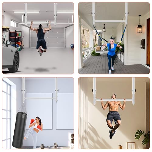 48" Ceiling Mount Pull Up Bar, Heavy Duty Multi-Grip Rafter Chin Up Bar for Garage/Basement/Backyard Ceiling Beam, Adjustable Height&Supports to 650 Lbs (White)