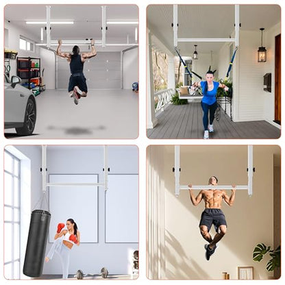 48" Ceiling Mount Pull Up Bar, Heavy Duty Multi-Grip Rafter Chin Up Bar for Garage/Basement/Backyard Ceiling Beam, Adjustable Height&Supports to 650 Lbs (White)