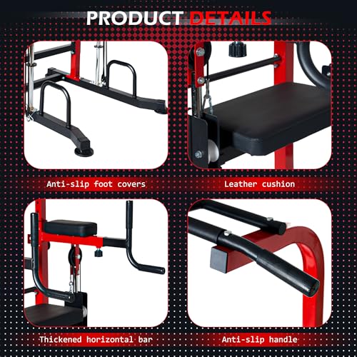 Dland Power Tower Dip Station Pull Up Bar Exercise Tower, Multifunctional Adjustable Height Training Equipment for Home Gym, Free Standing Assisted Fitness Workout Pullup Rack Station Machine - color: Red