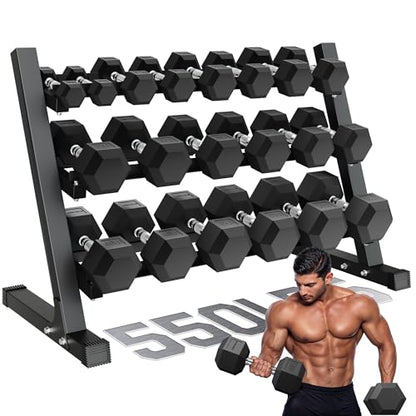 Dumbbell Sets with Rack, Rubber Hex Dumbbells, 160/220/280/360/450/550LBS, Hand Weights with Chrome Handle for Strength Training