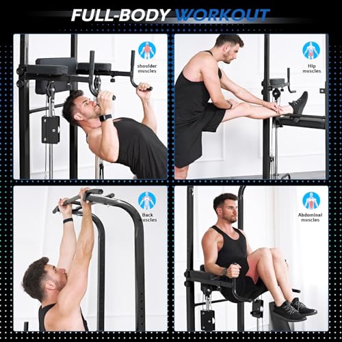 Dland Power Tower Dip Station Pull Up Bar Exercise Tower, Multifunctional Adjustable Height Training Equipment for Home Gym, Free Standing Assisted Fitness Workout Pullup Rack Station Machine - color: Black